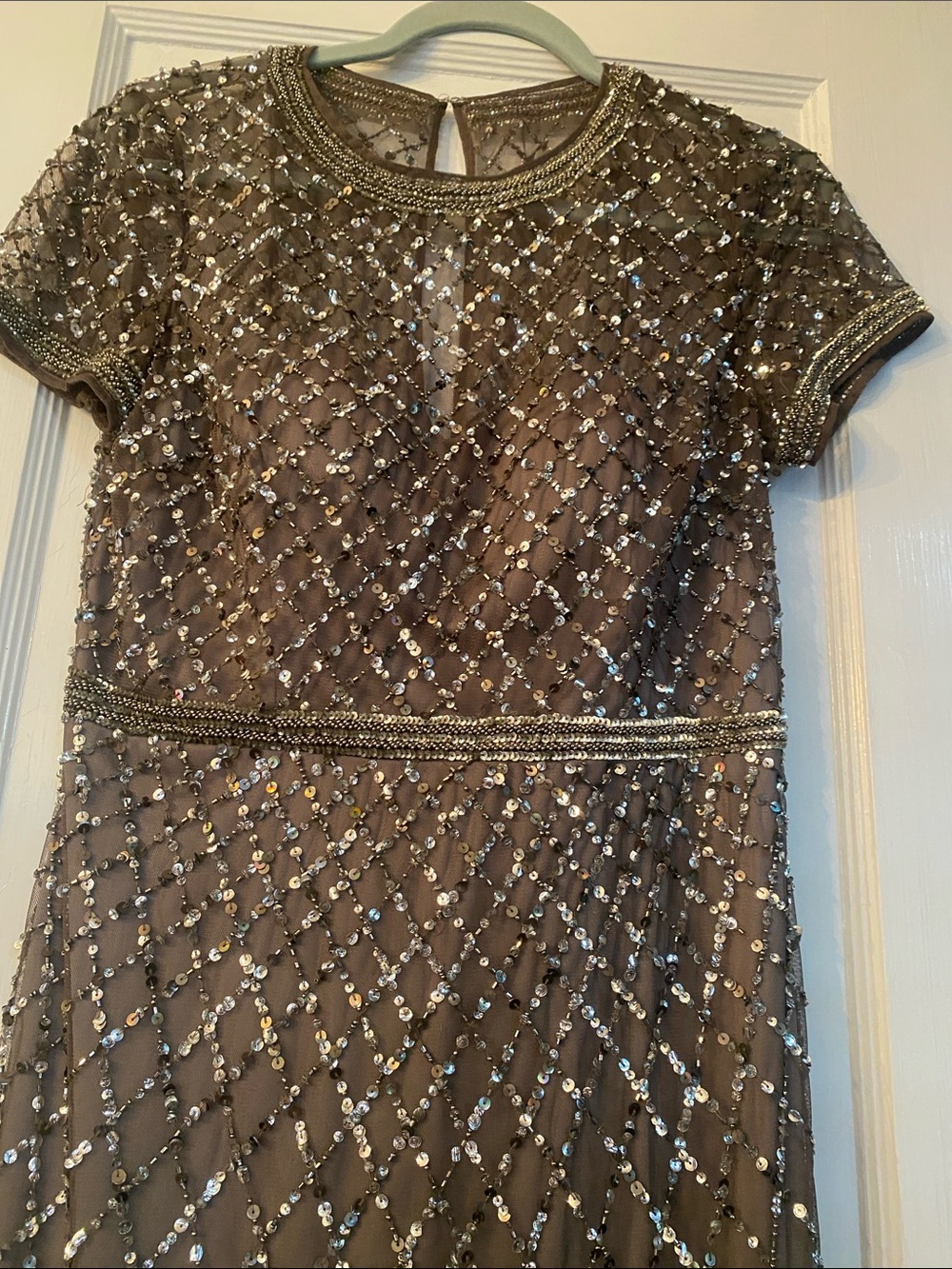 Adrianna Papell Beaded Charcoal MoB Gown Sz 10 - 18" pit to pit x 56"L